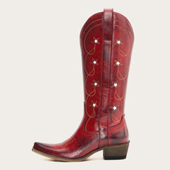 Stella - Red Genuine Leather Starry Embroidered Cowgirl Boots with Bold Detailing