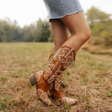 Swenney - Brown Embroidered Cowgirl Boots with Stud Accents