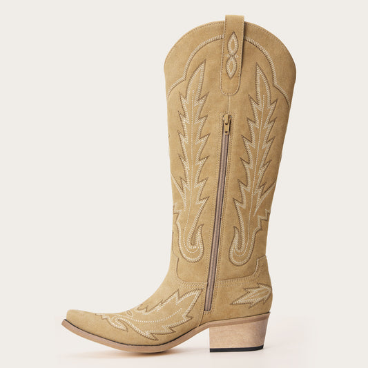 Rosemary - Beige Suede Embroidered Cowgirl Boots with Intricate Stitching