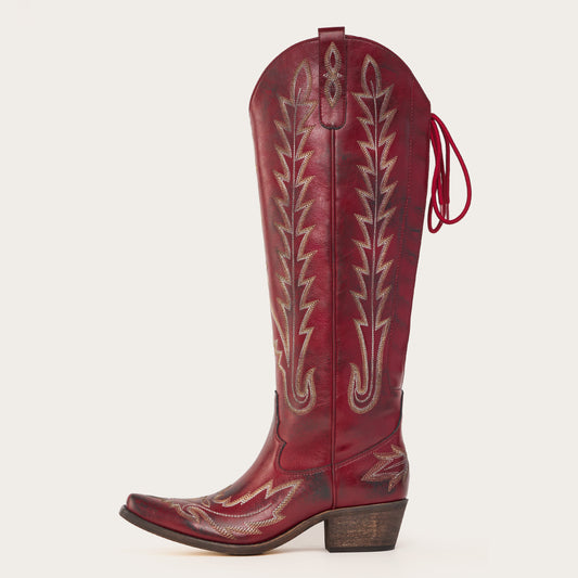 Eula - Long Red Cowgirl Boots with Intricate Western Embroidery