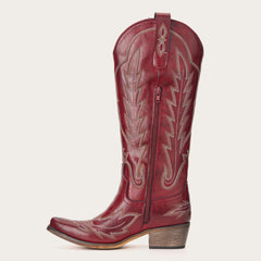 Rosemary - Crimson Leather Embroidered Cowgirl Boots with Intricate Stitching