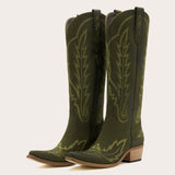 Rosemary - Olive Suede Embroidered Cowgirl Boots with Elegant Detailing