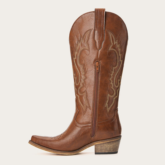 Phoenix - Brown Leather Cowboy Boots with Classic Western Embroidery