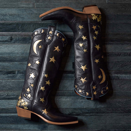 Celestial - Navy Blue Star and Moon Embroidered Cowboy Boots