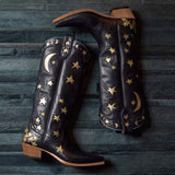 Celestial - Navy Blue Star and Moon Embroidered Cowboy Boots