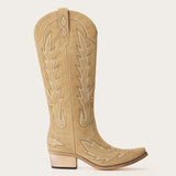 Rosemary - Beige Suede Embroidered Cowgirl Boots with Intricate Stitching