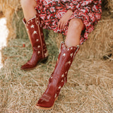 Celestial - Burgundy Star and Moon Embroidered Cowboy Boots