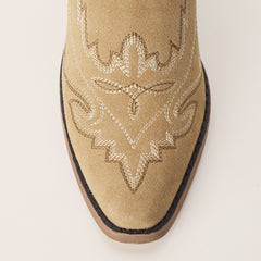 Rosemary - Beige Suede Embroidered Cowgirl Boots with Intricate Stitching