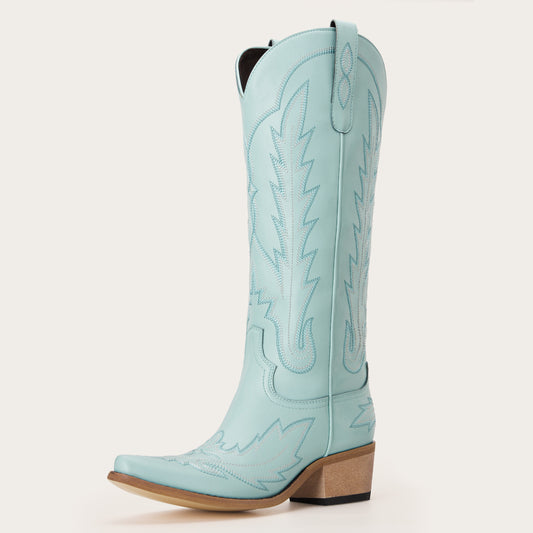 Rosemary - Sky Blue Embroidered Cowgirl Boots with Intricate Stitching