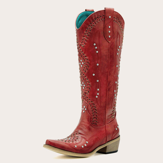 Kitty - Snip Toe Red Women Cowgirl Boots with Cutout Woven Rhinestone